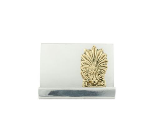 Business Card Holder - Handmade Solid Metal Desk Accessory - Silver & Gold, "Antefix" Design