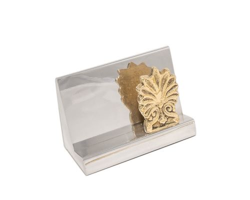 Business Card Holder - Handmade Solid Metal Desk Accessory - Silver & Gold, "Antefix" Design