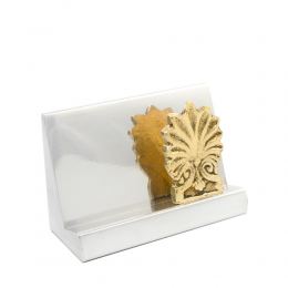 Business Card Holder - Handmade Solid Metal Desk Accessory - Silver & Gold, "Antefix" Design