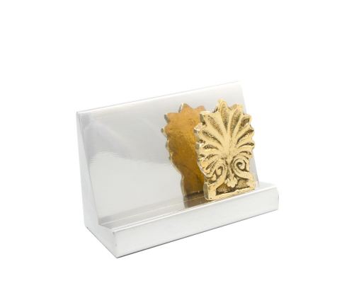 Business Card Holder - Handmade Solid Metal Desk Accessory - Silver & Gold, "Antefix" Design