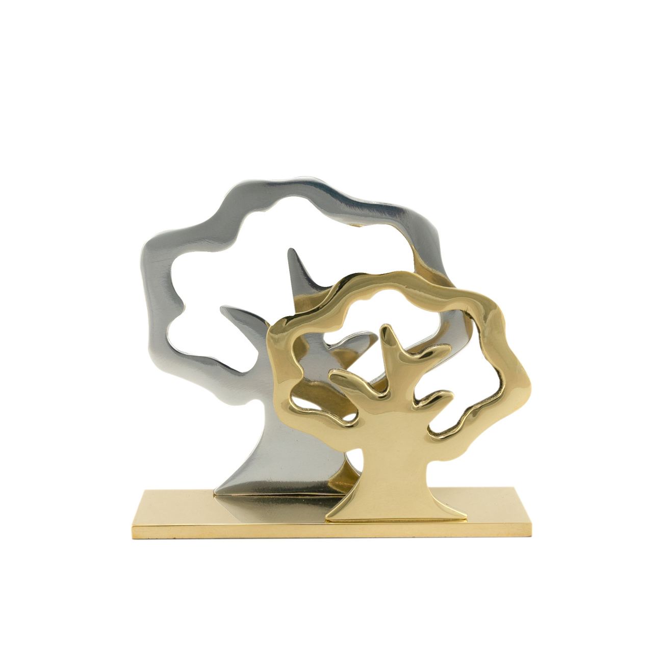 Business Card Holder Handmade Solid Metal Desk Accessory Silver Gold Dual Trees Design