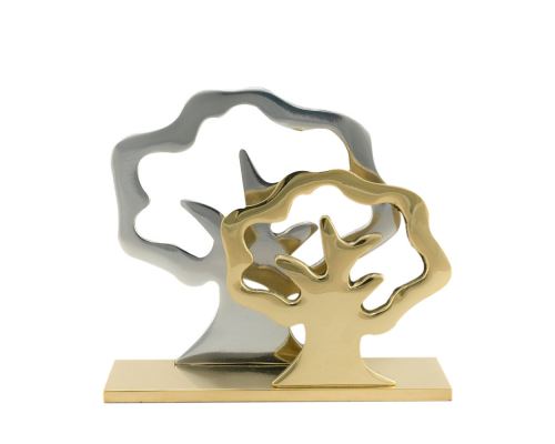 Business Card Holder - Handmade Solid Metal Desk Accessory - Silver & Gold, Dual "Trees" Design