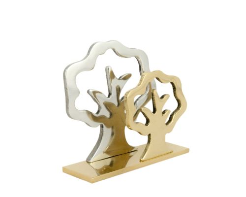 Business Card Holder - Handmade Solid Metal Desk Accessory - Silver & Gold, Dual "Trees" Design