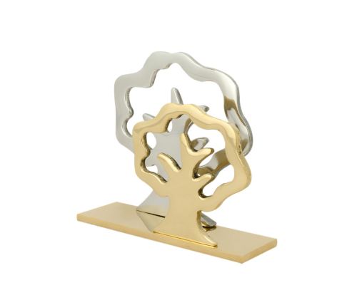 Business Card Holder - Handmade Solid Metal Desk Accessory - Silver & Gold, Dual "Trees" Design