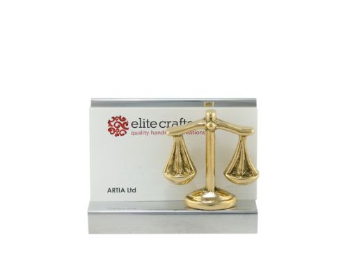 Business Card Holder - Handmade Solid Metal Desk Accessory, "Balance or Scale of Themis" Design, Symbol of Justice