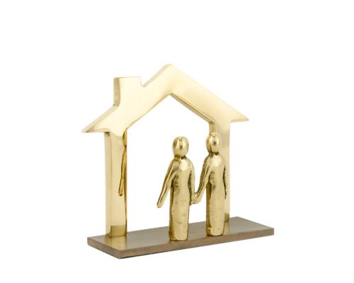 Business Card Holder - Handmade Solid Metal Desk Accessory, "Family House" Design, Dark Brown & Gold Color