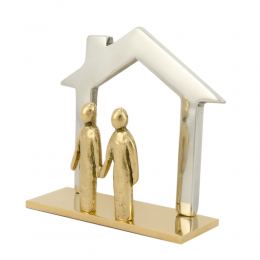 Business Card Holder - Handmade Solid Metal Desk Accessory, "Family House" Design, Silver & Gold Color
