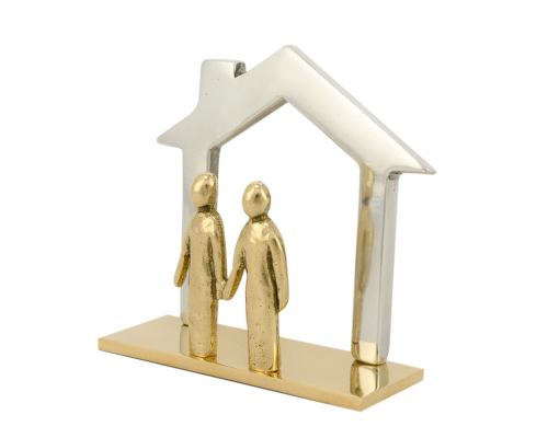 Business Card Holder - Handmade Solid Metal Desk Accessory, "Family House" Design, Silver & Gold Color