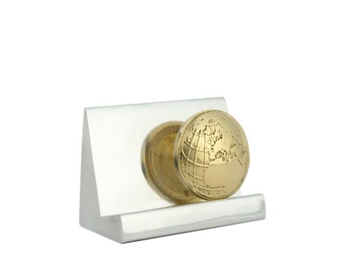 Business Card Holder - Handmade Solid Metal Desk Accessory, "Globe" Design, Silver & Gold Color