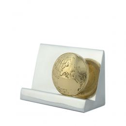 Business Card Holder - Handmade Solid Metal Desk Accessory, "Globe" Design, Silver & Gold Color