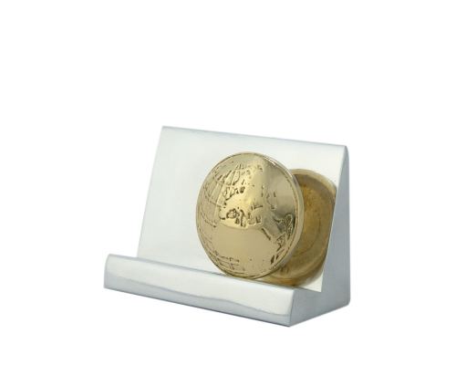 Business Card Holder - Handmade Solid Metal Desk Accessory, "Globe" Design, Silver & Gold Color