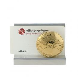 Business Card Holder - Handmade Solid Metal Desk Accessory, "Globe" Design, Silver & Gold Color