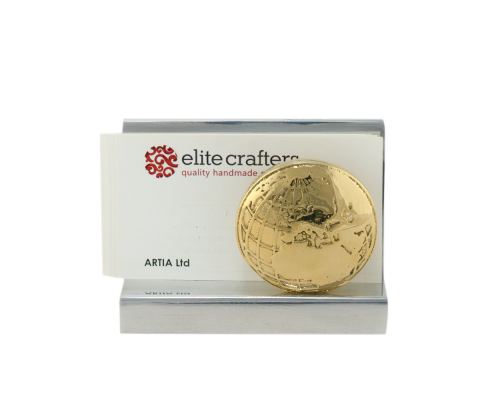 Business Card Holder - Handmade Solid Metal Desk Accessory, "Globe" Design, Silver & Gold Color