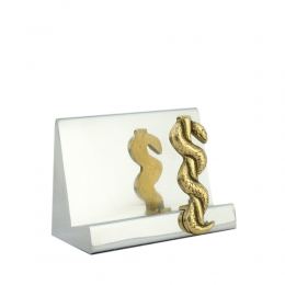 Business Card Holder - Handmade Solid Metal Desk Accessory, "Rod of Asclepius" Design, Symbol of Medicine