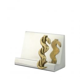 Business Card Holder - Handmade Solid Metal Desk Accessory, "Rod of Asclepius" Design, Symbol of Medicine