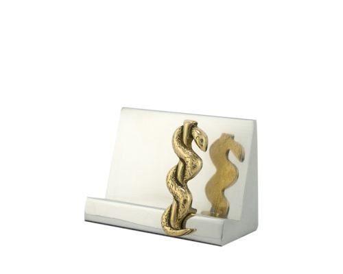 Business Card Holder - Handmade Solid Metal Desk Accessory, "Rod of Asclepius" Design, Symbol of Medicine