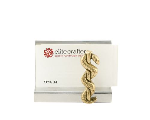 Business Card Holder - Handmade Solid Metal Desk Accessory, "Rod of Asclepius" Design, Symbol of Medicine