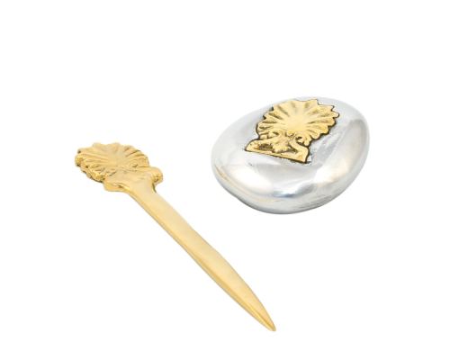 Desk Accessories Set of 2 - "Antefix" Design. Handmade of Solid Metal, Letter Opener & Paperweight