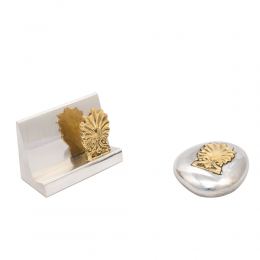 Desk Accessories Set of 2 - "Antefix" Design. Handmade of Solid Metal, Paperweight, Business Card Holder