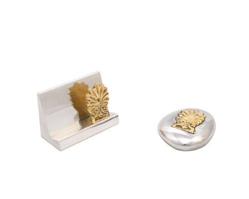 Desk Accessories Set of 2 - "Antefix" Design. Handmade of Solid Metal, Paperweight, Business Card Holder