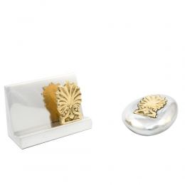 Desk Accessories Set of 2 - "Antefix" Design. Handmade of Solid Metal, Paperweight, Business Card Holder