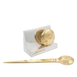 Desk Accessories Set of 2 - "Globe" Design. Handmade of Solid Metal, Letter Opener, Business Card Holder