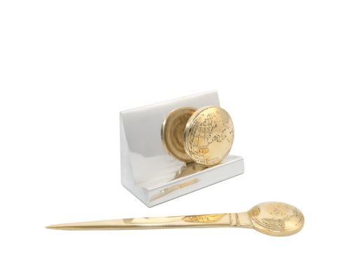 Desk Accessories Set of 2 - "Globe" Design. Handmade of Solid Metal, Letter Opener, Business Card Holder