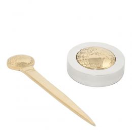 Desk Accessories Set of 2 - "Globe" Design. Handmade of Solid Metal, Letter Opener, Paperweight