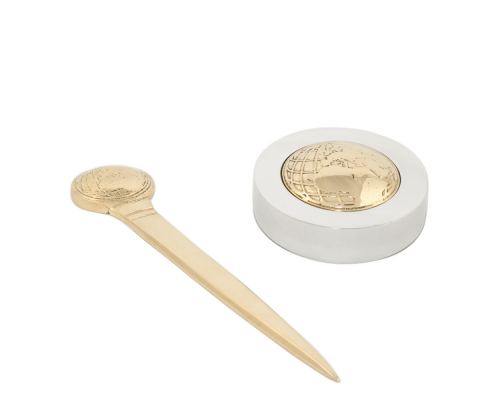 Desk Accessories Set of 2 - "Globe" Design. Handmade of Solid Metal, Letter Opener, Paperweight