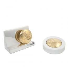 Desk Accessories Set of 2 - "Globe" Design. Handmade of Solid Metal, Paperweight, Business Card Holder