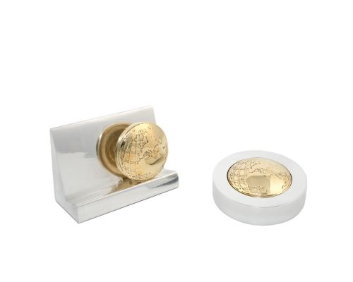 Desk Accessories Set of 2 - "Globe" Design. Handmade of Solid Metal, Paperweight, Business Card Holder