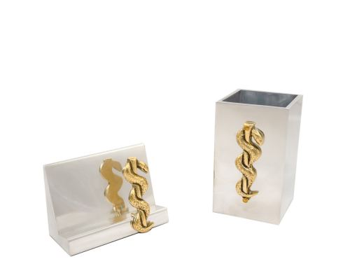 Desk Accessories Set of 2 - "Rod of Asclepius" Design, Symbol of Medicine. Handmade of Solid Metal, Business Card Holder & Pen Cup Holder