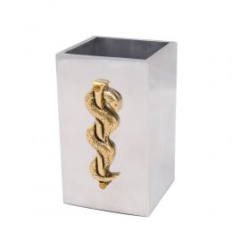 Desk Accessories Set of 2 - "Rod of Asclepius" Design, Symbol of Medicine. Handmade of Solid Metal, Business Card Holder & Pen Cup Holder