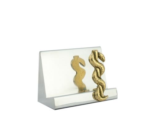 Desk Accessories Set of 2 - "Rod of Asclepius" Design, Symbol of Medicine. Handmade of Solid Metal, Business Card Holder & Pen Cup Holder
