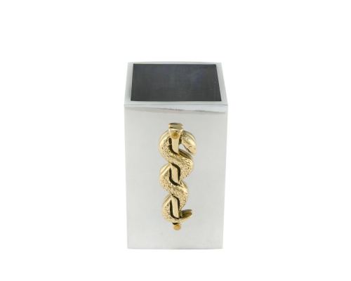 Desk Accessories Set of 2 - "Rod of Asclepius" Design, Symbol of Medicine. Handmade of Solid Metal, Business Card Holder & Pen Cup Holder