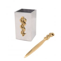 Desk Accessories Set of 2 - "Rod of Asclepius" Design, Symbol of Medicine. Handmade of Solid Metal, Letter Opener & Pen Cup Holder