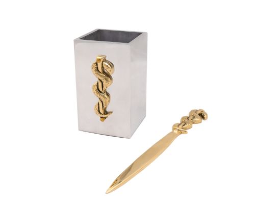 Desk Accessories Set of 2 - "Rod of Asclepius" Design, Symbol of Medicine. Handmade of Solid Metal, Letter Opener & Pen Cup Holder