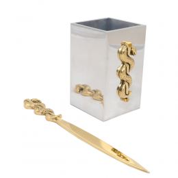 Desk Accessories Set of 2 - "Rod of Asclepius" Design, Symbol of Medicine. Handmade of Solid Metal, Letter Opener & Pen Cup Holder