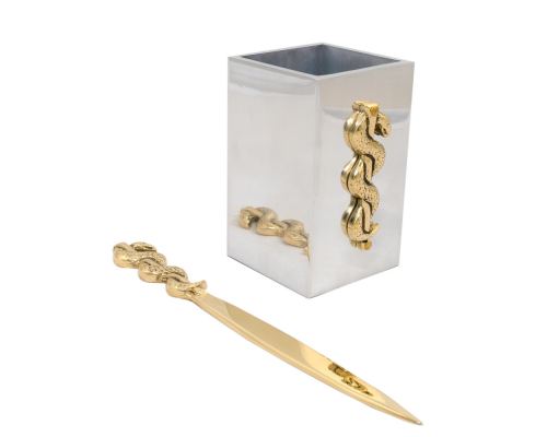 Desk Accessories Set of 2 - "Rod of Asclepius" Design, Symbol of Medicine. Handmade of Solid Metal, Letter Opener & Pen Cup Holder