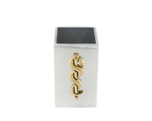 Desk Accessories Set of 2 - "Rod of Asclepius" Design, Symbol of Medicine. Handmade of Solid Metal, Paperweight & Pen Cup Holder