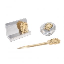 Desk Accessories Set of 3 - "Antefix" Design. Handmade of Solid Metal, Letter Opener, Paperweight, Business Card Holder