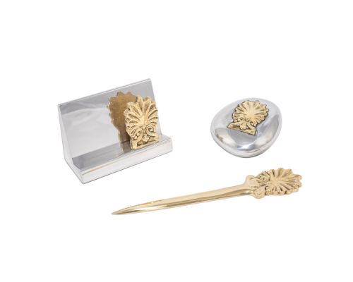 Desk Accessories Set of 3 - "Antefix" Design. Handmade of Solid Metal, Letter Opener, Paperweight, Business Card Holder