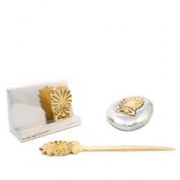 Desk Accessories Set of 3 - "Antefix" Design. Handmade of Solid Metal, Letter Opener, Paperweight, Business Card Holder