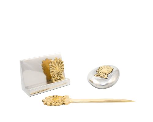 Desk Accessories Set of 3 - "Antefix" Design. Handmade of Solid Metal, Letter Opener, Paperweight, Business Card Holder