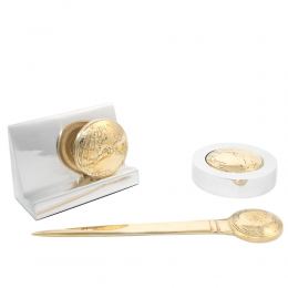 Desk Accessories Set of 3 - "Globe" Design. Handmade of Solid Metal, Letter Opener, Paperweight, Business Card Holder