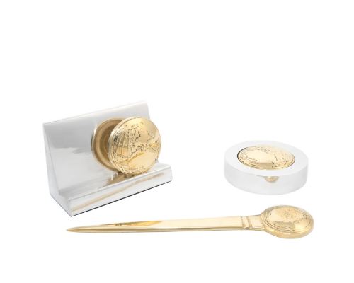 Desk Accessories Set of 3 - "Globe" Design. Handmade of Solid Metal, Letter Opener, Paperweight, Business Card Holder