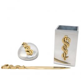 Desk Accessories Set of 3 - "Rod of Asclepius" Design, Symbol of Medicine. Handmade of Solid Metal, Letter Opener, Paperweight, Pen Cup Holder
