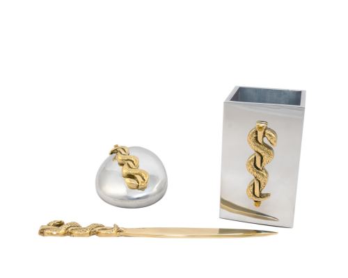 Desk Accessories Set of 3 - "Rod of Asclepius" Design, Symbol of Medicine. Handmade of Solid Metal, Letter Opener, Paperweight, Pen Cup Holder