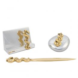 Desk Accessories Set of 3 - "Rod of Asclepius" Design, Symbol of Medicine. Handmade of Solid Metal, Letter Opener, Paperweight, Business Card Holder
