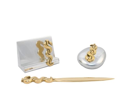 Desk Accessories Set of 3 - "Rod of Asclepius" Design, Symbol of Medicine. Handmade of Solid Metal, Letter Opener, Paperweight, Business Card Holder